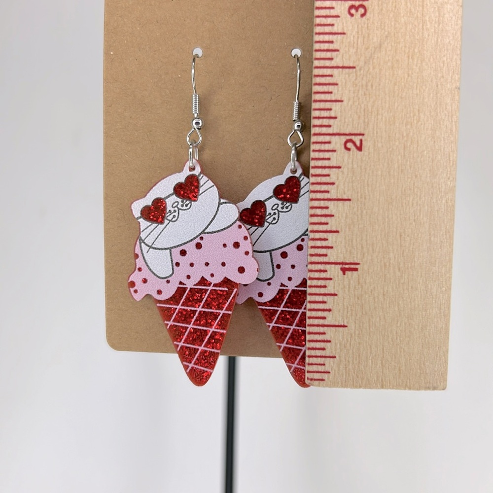 Acrylic Valentine Cat Ice Cream Cone Design Dangle Earrings Fashion Jewelry - Picture 2 of 3